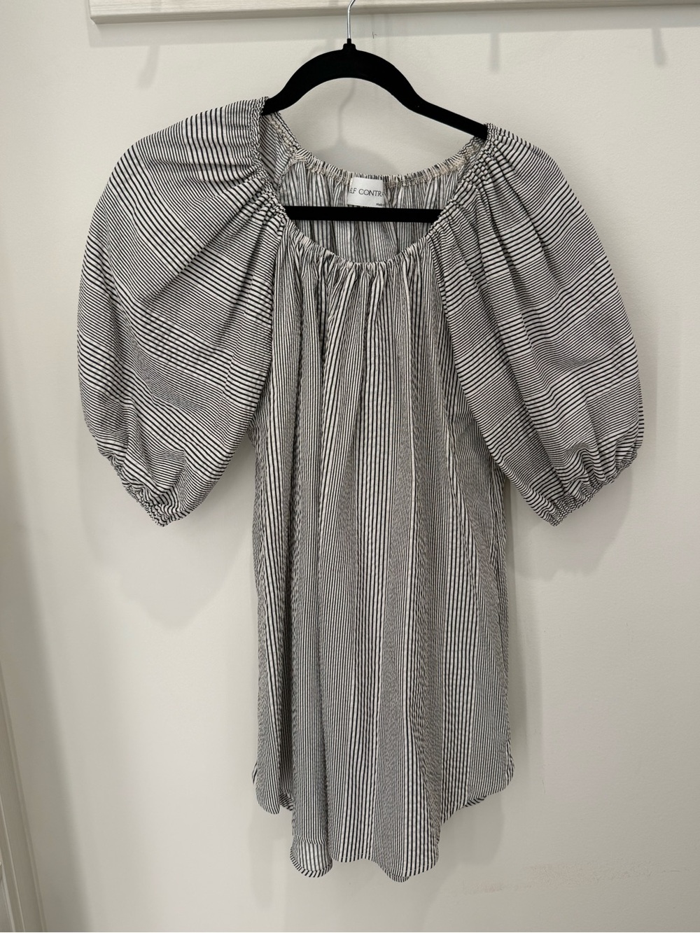 Self Contrast Striped Puff Sleeve Mini Dress – Size Small